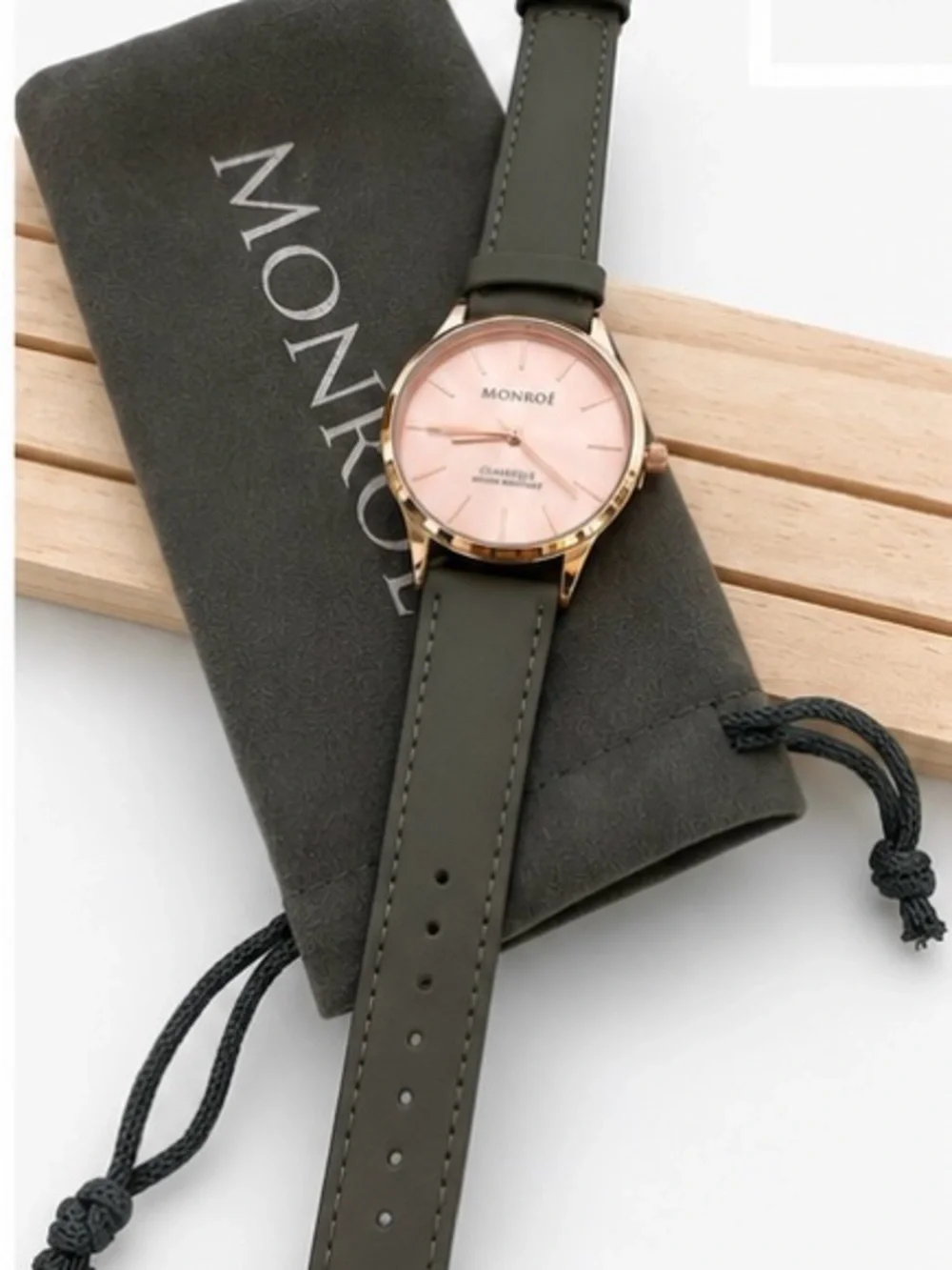 Women's Olive Leather Strap Watch with Rose Gold Case and Blush Dial